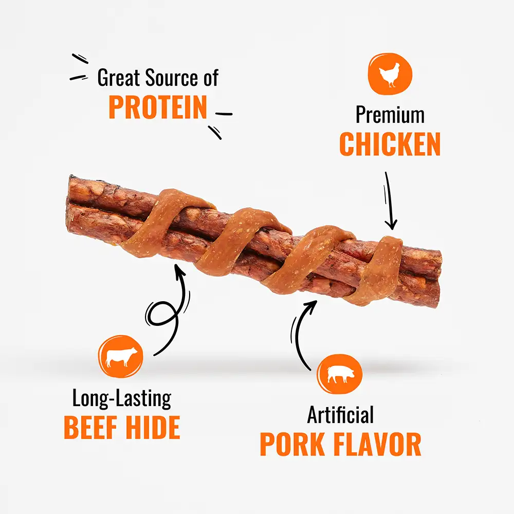 Great source of protein, premium chicken, long-lasting beef hide, and artificial pork flavor
