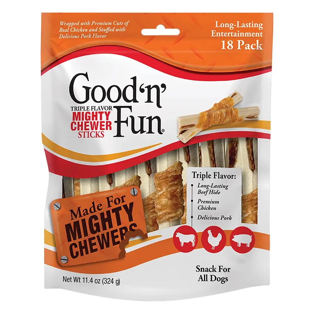 Triple Flavor Mighty Chewer Sticks for All Dogs, 18 Count - Front of package