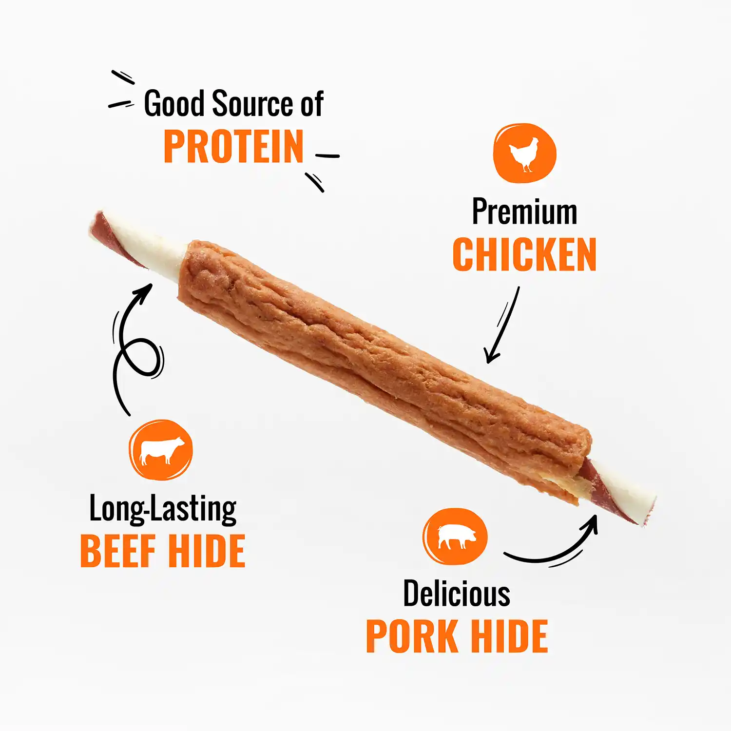 Good Source of PROTEIN - Premium CHICKEN V, Long Lasting BEEF HIDE Delicious PORK HIDE