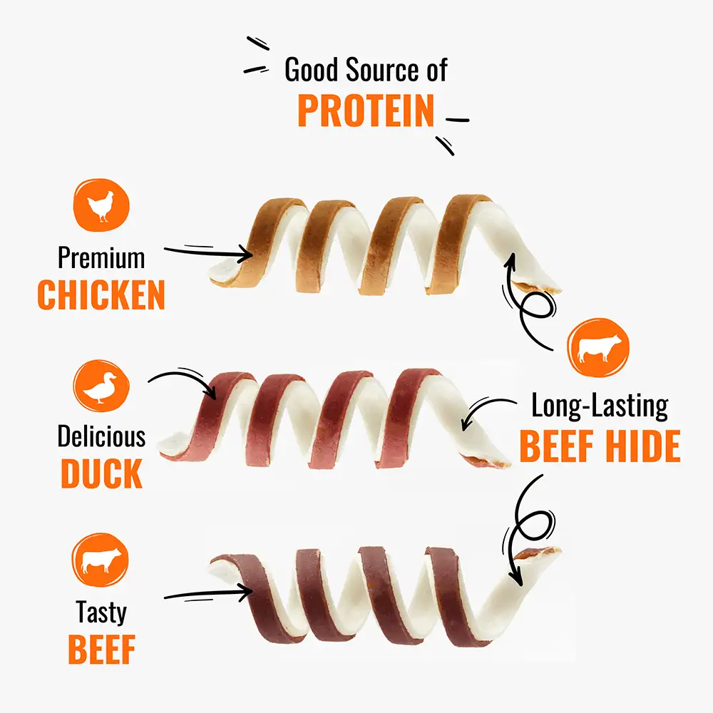 Good source of protein, premium chicken, delicious duck, tasty beef and long-lasting beef hide.