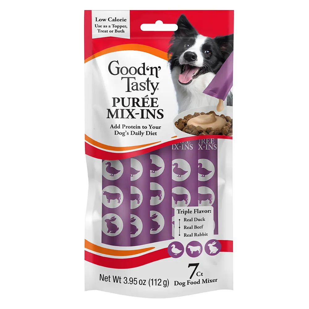 Dog Topper Mix-Ins, triple flavor of real duck, real beef and real rabbit. front of packaging, 7 count