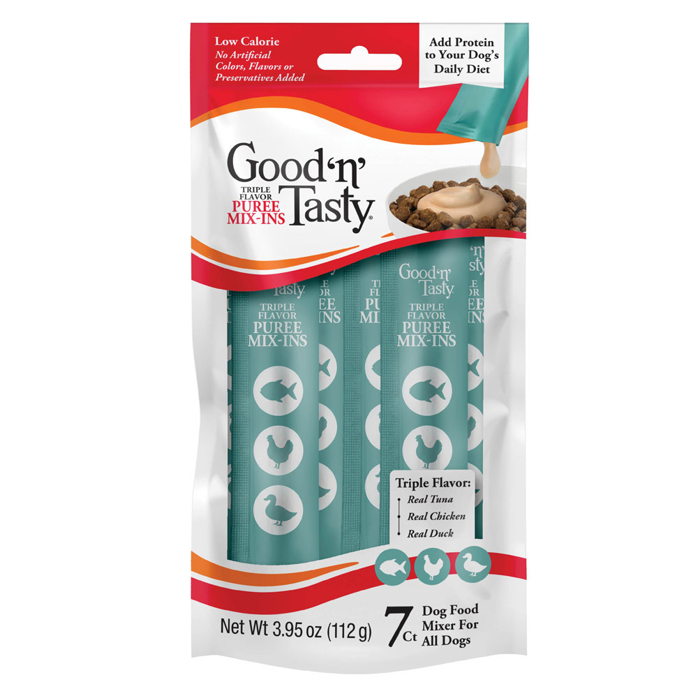 Good n Tasty Triple Flavor Puree Mix Ins Dog Food Topper Treats for All Dogs 7 Count Easy Single Serve Portions Added Protein with Tuna Chicken and Duck