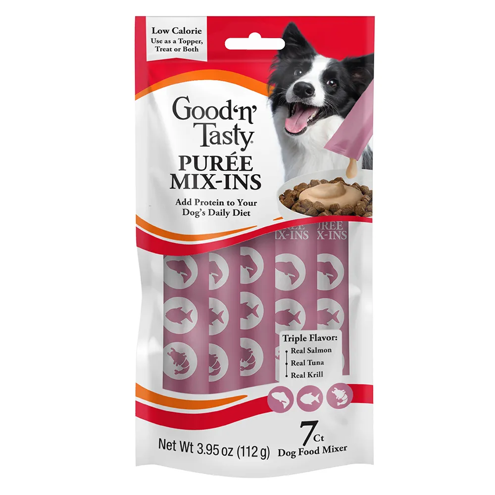 Dog Topper Mix-Ins with real salmon, real tuna, and real krill. 7 count - front of package