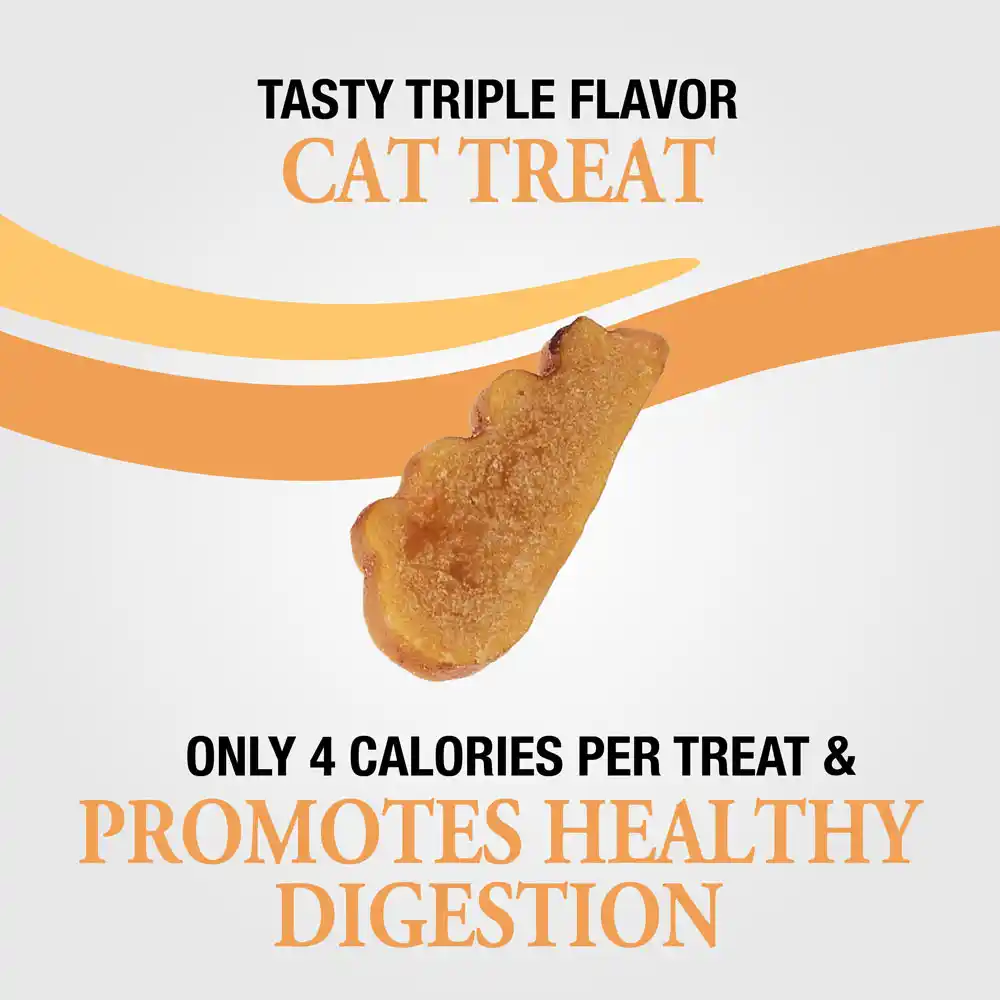 Tasty triple flavor cat treat. Only 4 calories per treat and promotes healthy digestion.