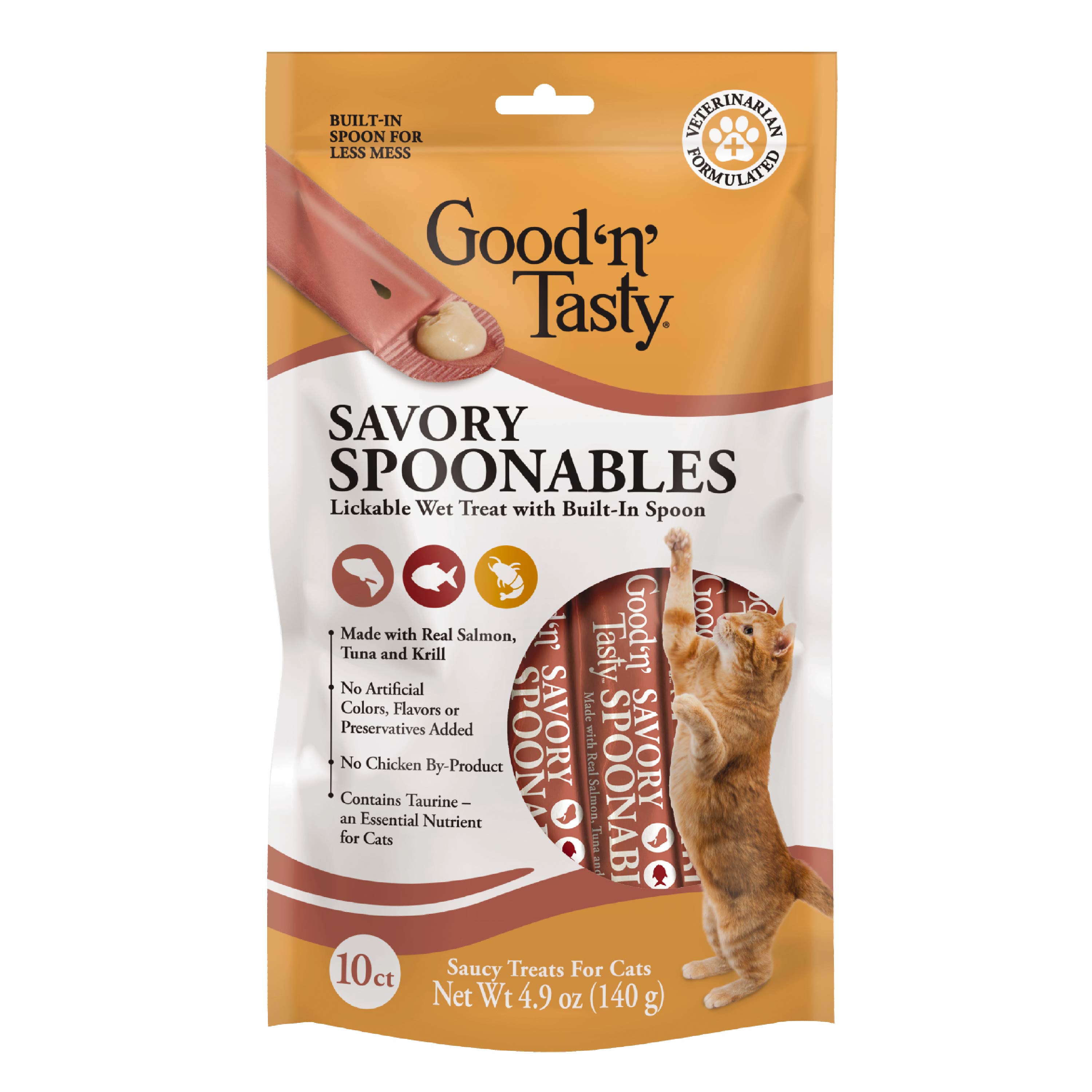Good n Tasty Savory Spoonables with Real Salmon Tuna and Krill for Cats Treat Your Cat to Triple Flavor Squeezable Lickable Wet Treats with Built in Spoon for Less Mess