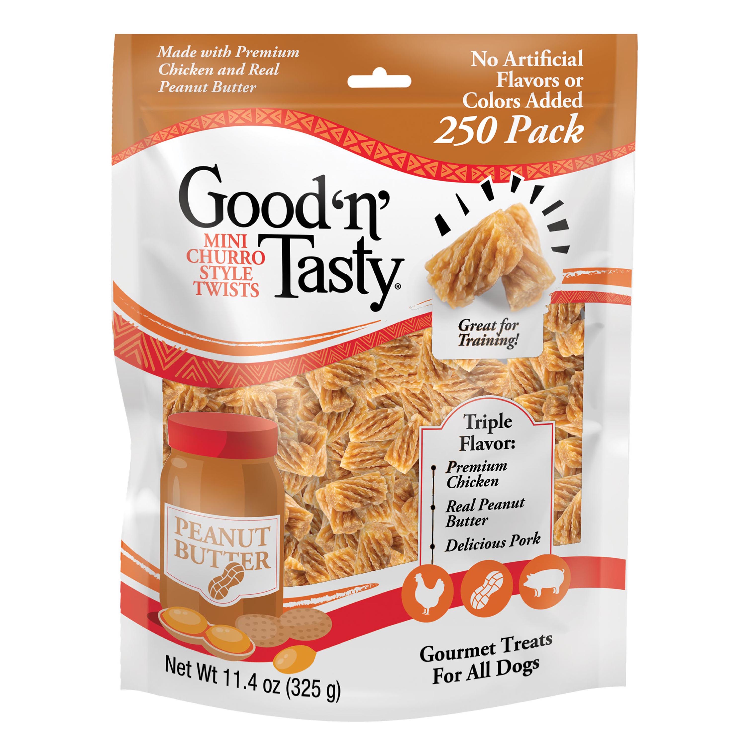 Good n Tasty Triple Flavor Mini Churro Style Twists 250 Count Gourmet Dog Treats Made with Chicken and Peanut Butter