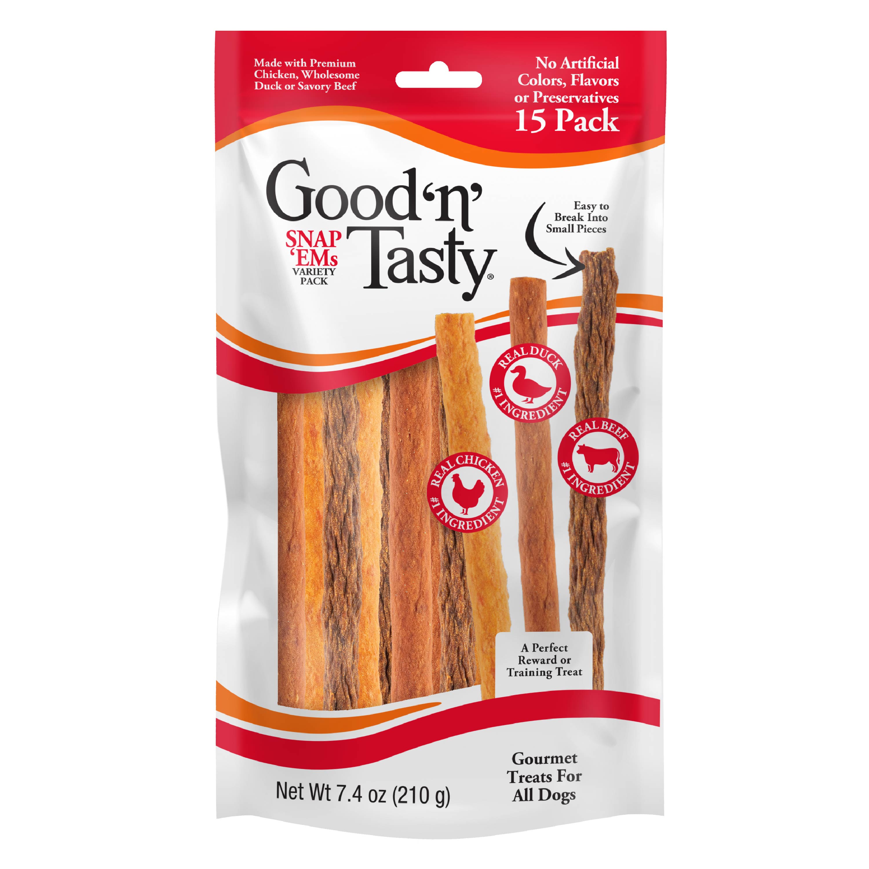 P-94870T Good'n'Tasty Snap Ems Meaty Sticks Variety Pack Front of Packaging