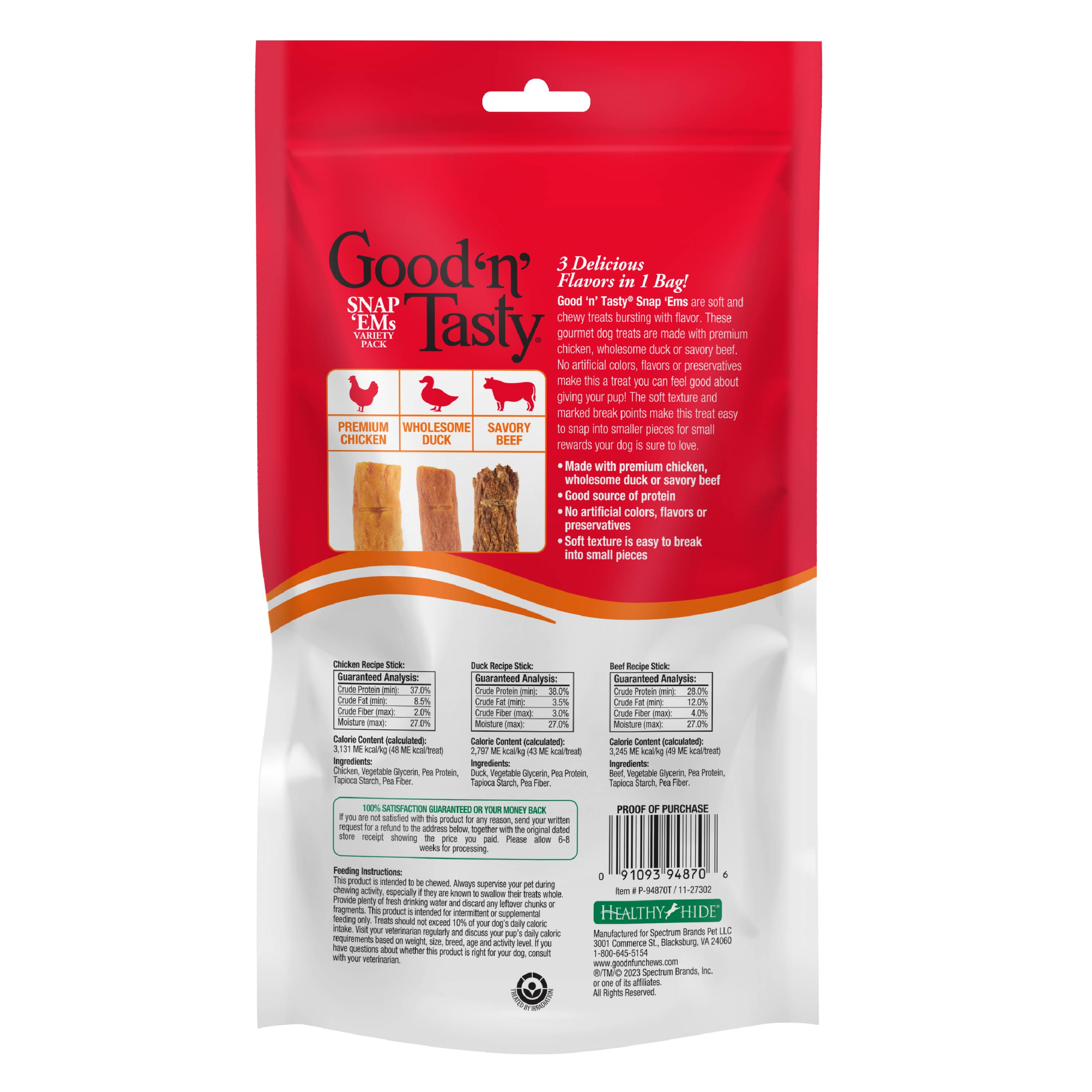 P-94870T Good'n'Tasty Snap Ems Meaty Sticks Variety Back Front of Packaging