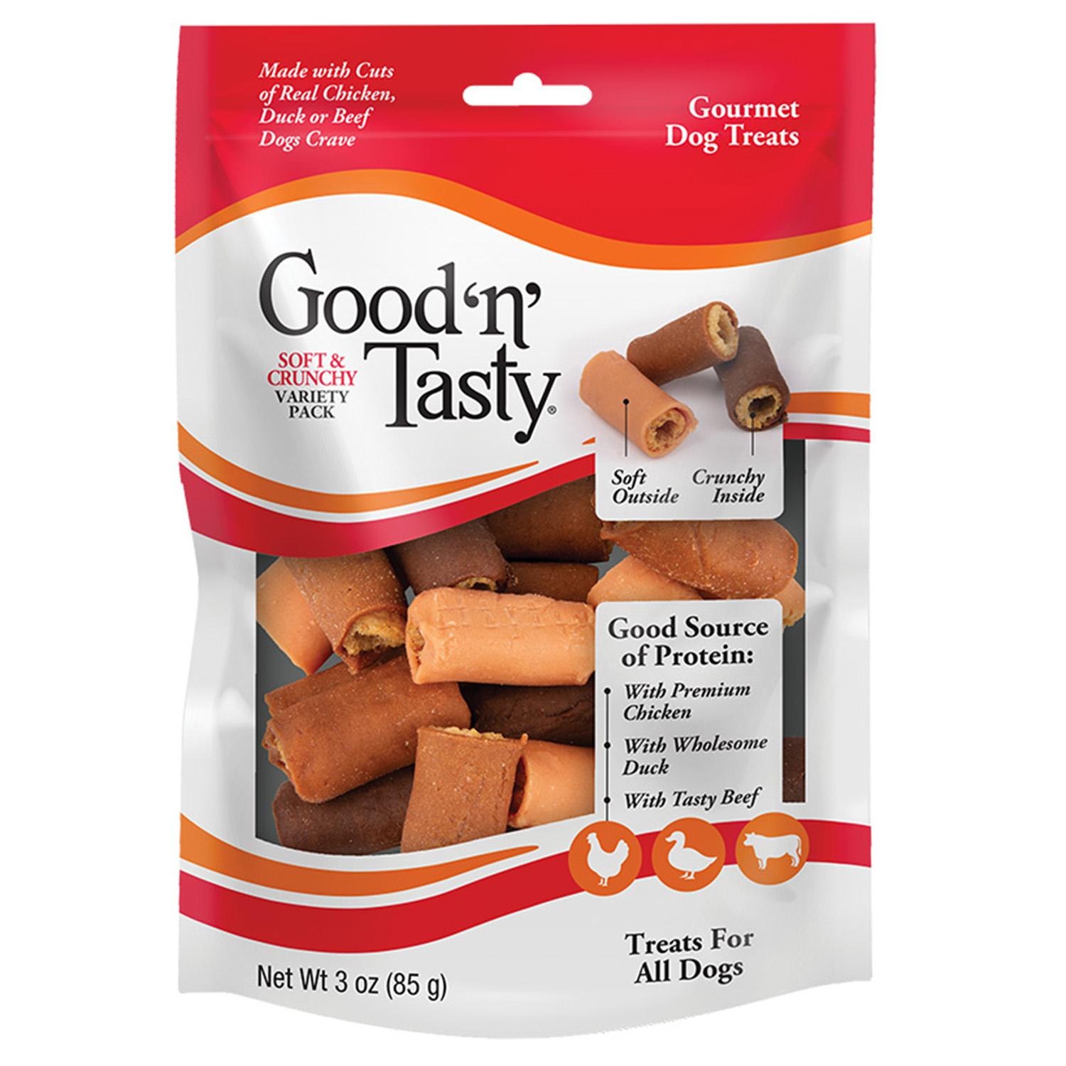 Good n Tasty Soft Crunchy Variety Pack Gourmet Treats Variety Pack for All Dogs Reward or Training Treat Made with Real Chicken Duck and Beef
