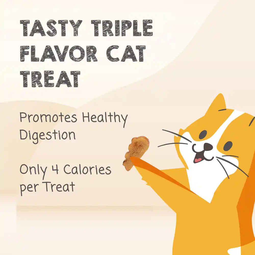 Tasty triple flavor cat treat promotes healthy digestion, and only 4 calories per treat