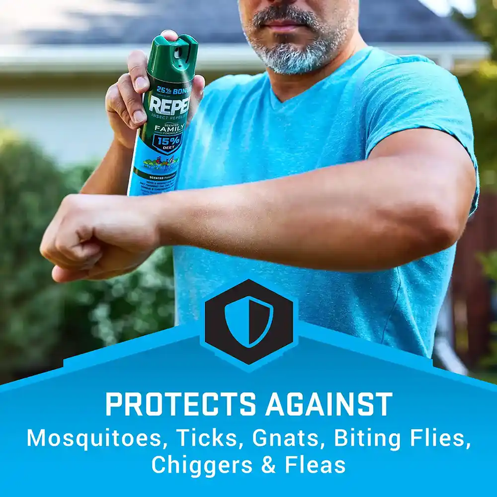 Protects against Mosquitoes, Ticks, Gnats, Biting Flies, Chiggers & Fleas