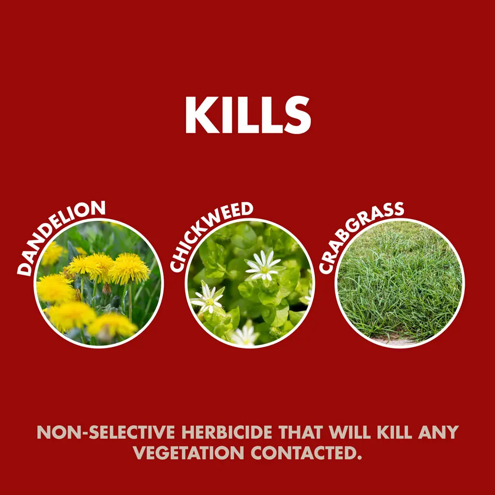 Kills dandelion, chickweed, crabgrass; non-selective herbicide that will kill any vegetation contacted.