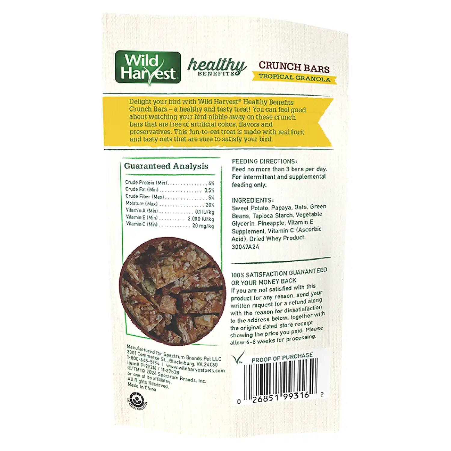Back Packaging Render of Wild Harvest Tropical Crunch Bar for Birds